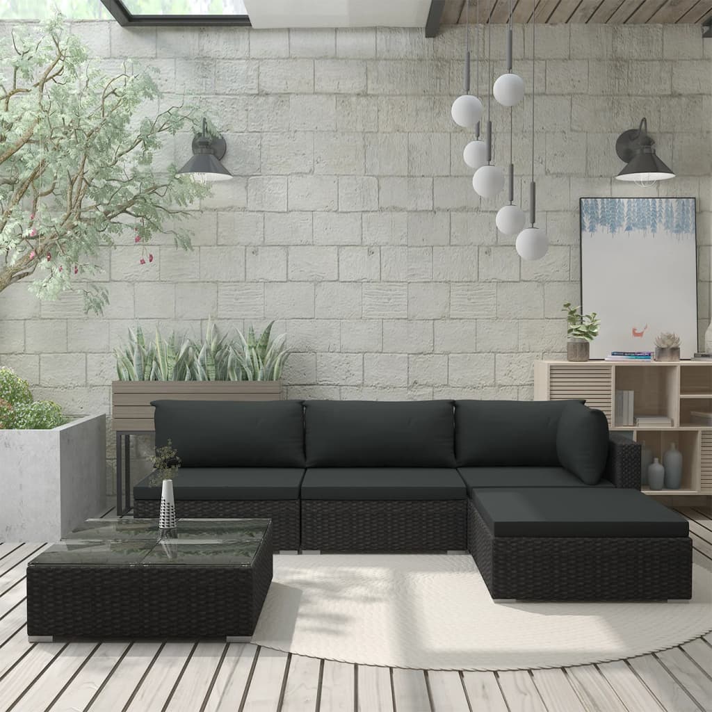 vidaXL 5-Piece Lounge Set with Cushions Poly Rattan Black