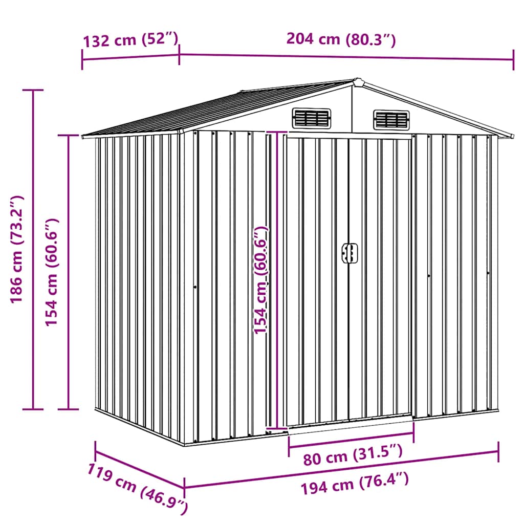 vidaXL Garden Shed 204x132x186 cm Metal Green