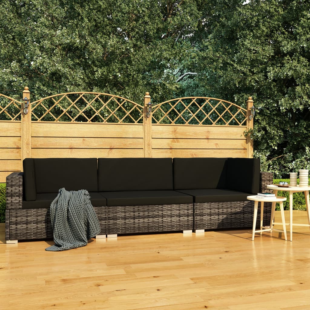 vidaXL 3-delige Loungeset met kussens poly rattan zwart