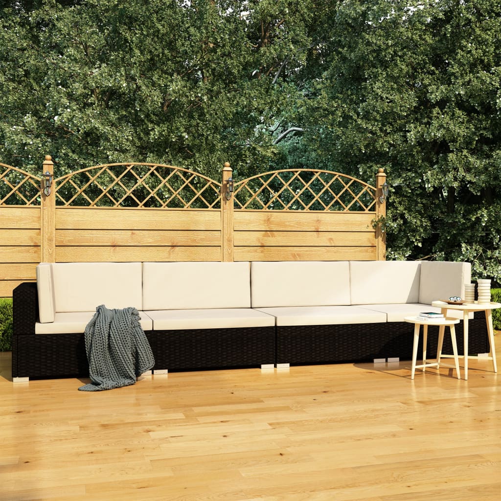 vidaXL 3-delige Loungeset met kussens poly rattan zwart