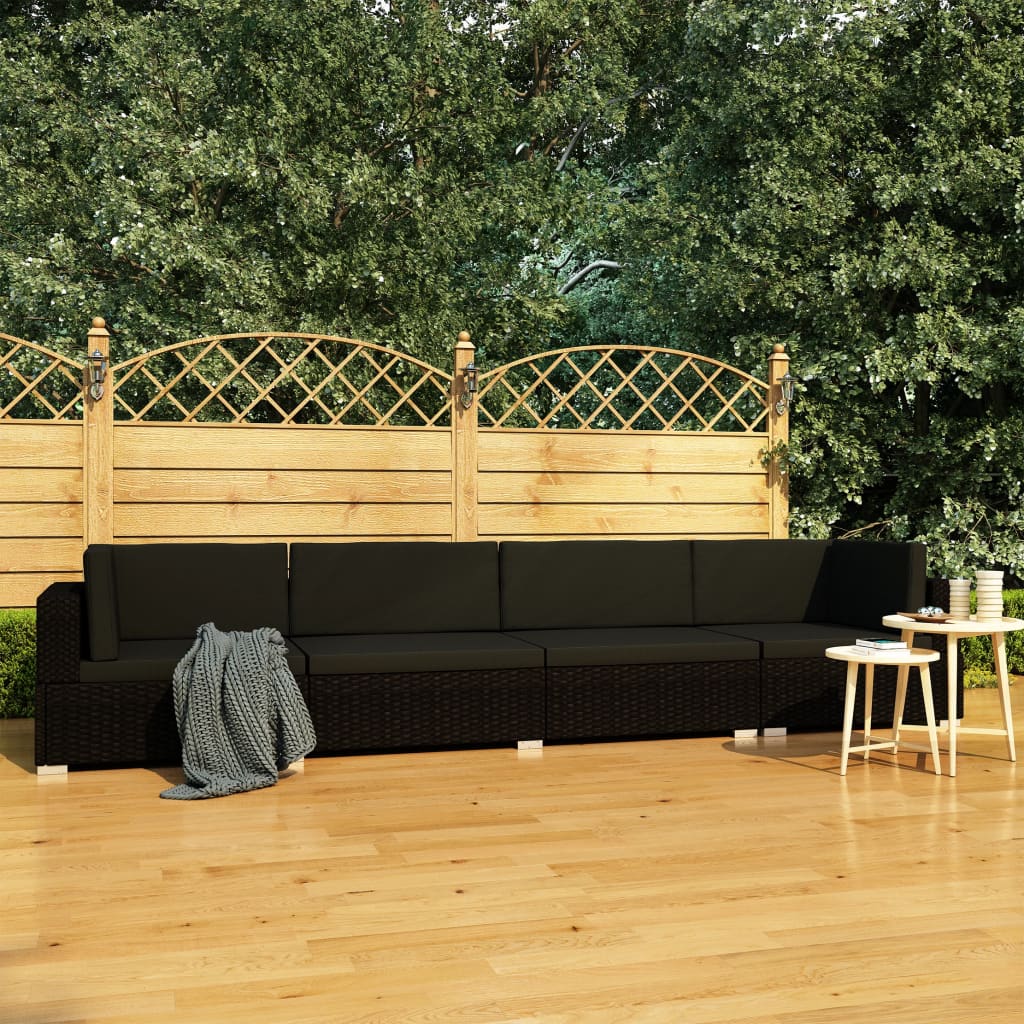 vidaXL 3-delige Loungeset met kussens poly rattan zwart