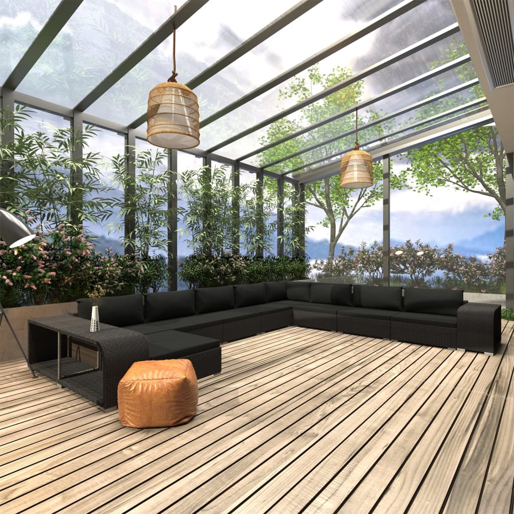 vidaXL 11-delige Loungeset met kussens poly rattan zwart