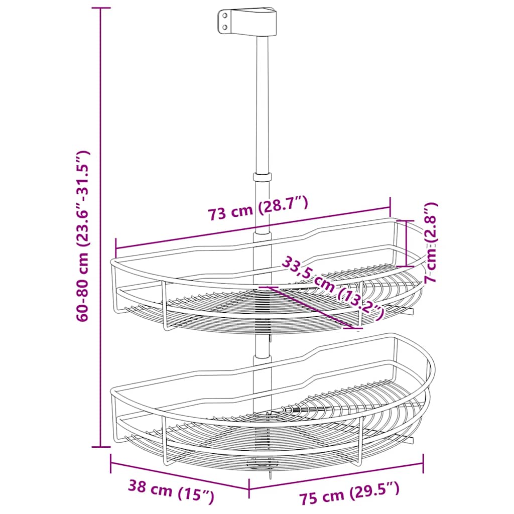 vidaXL Wire Basket Kitchen 2-tier 180 degrees 75x38x80 cm silver-colored