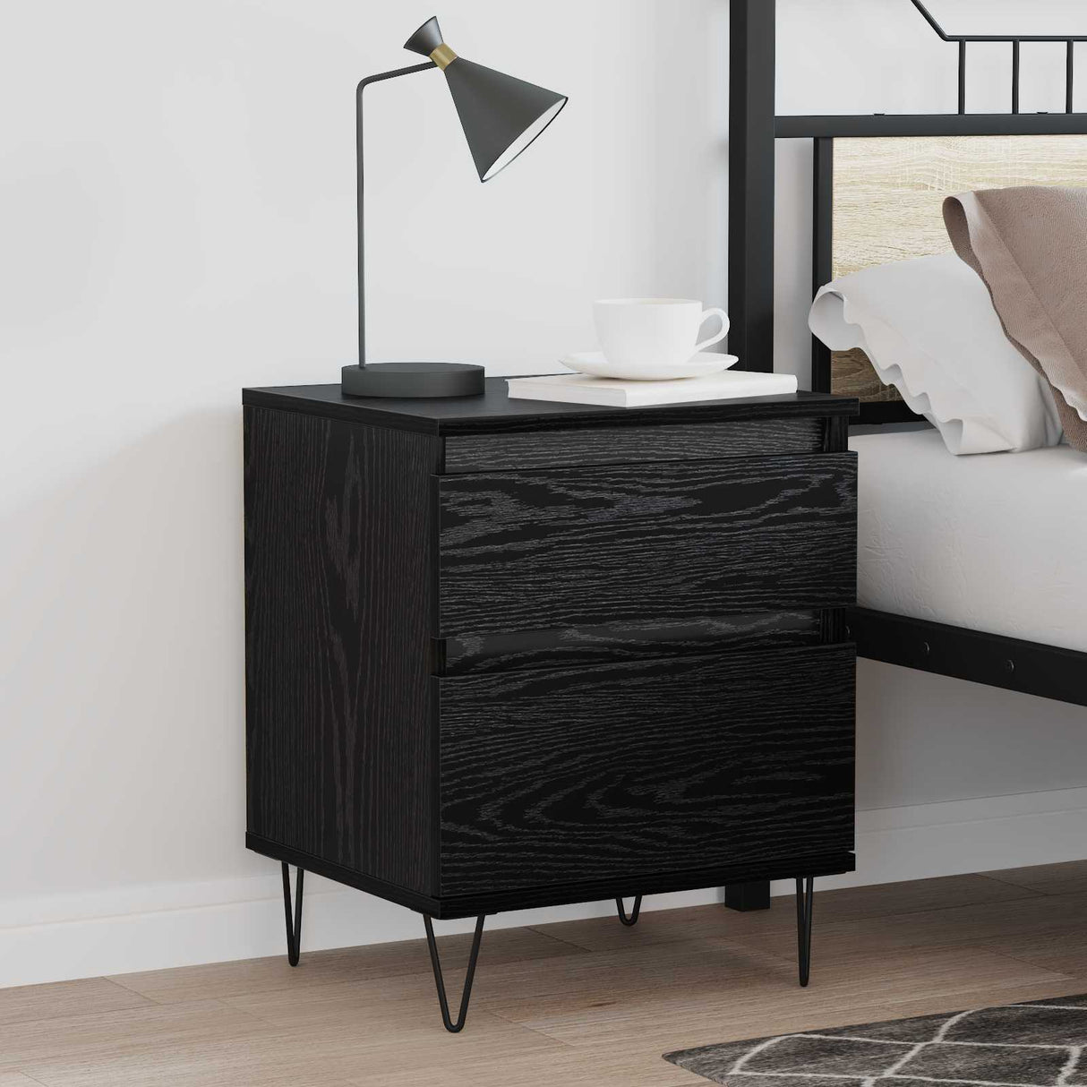vidaXL Bedkast met lade Zwart Eiken 40 x 35 x 50 cm Bewerkt hout
