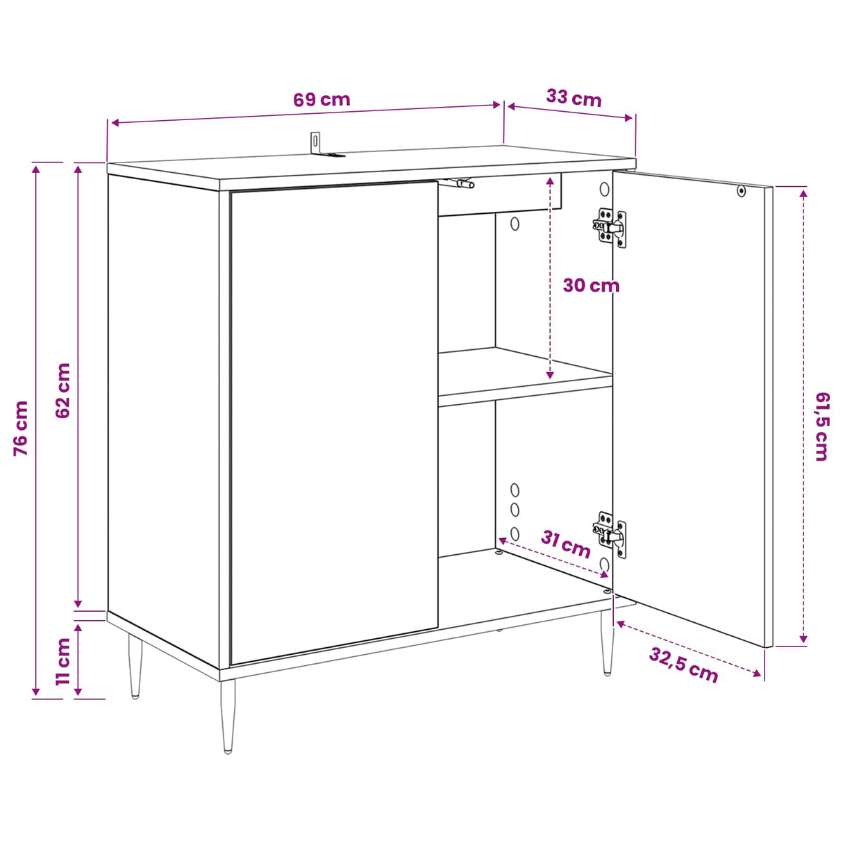 vidaXL Dressoir RHENEN Zwart eiken 69 x 33 x 76 cm Bewerkt hout