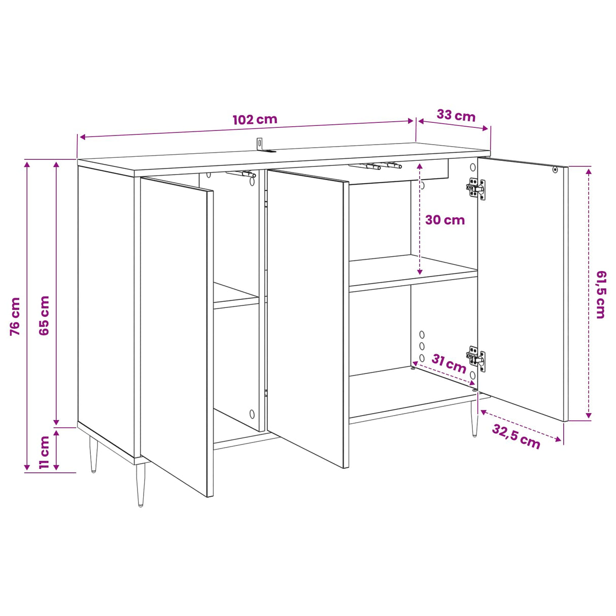 vidaXL Dressoir RHENEN Zwart eiken 102 x 33 x 76 cm Bewerkt hout