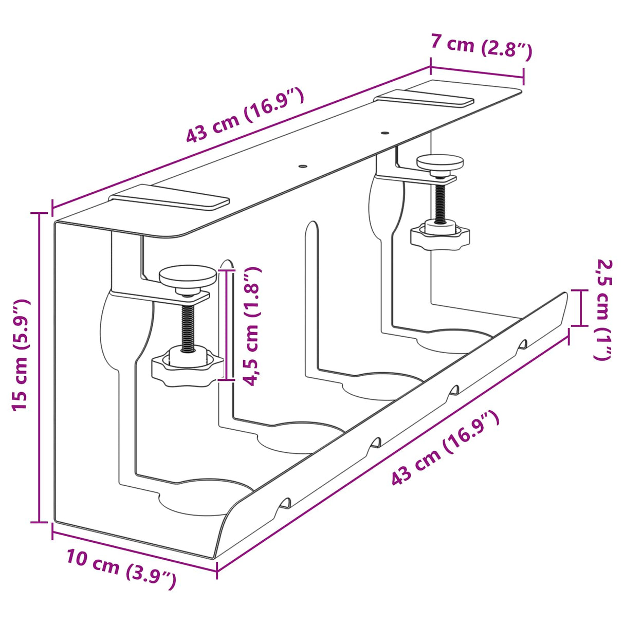 vidaXL Onder bureaustandaard voor kabelbeheer 2 st Wit 43 x 10 x 15 cm