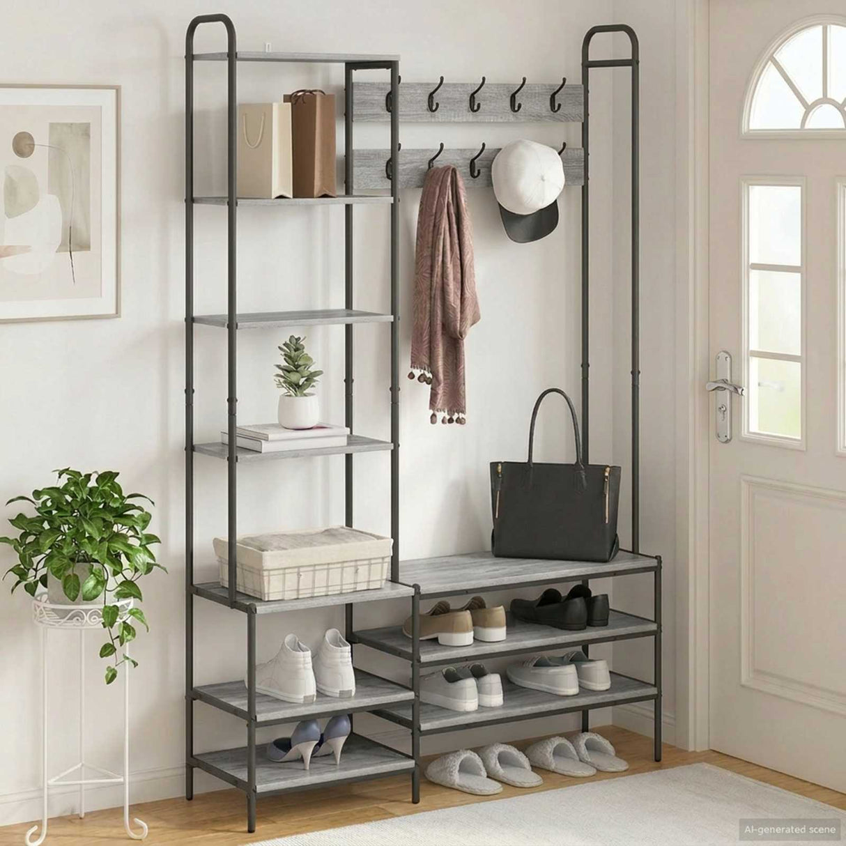 vidaXL Coat Rack with Shoe Bench Black Oak 120.5 x 34 x 190 cm