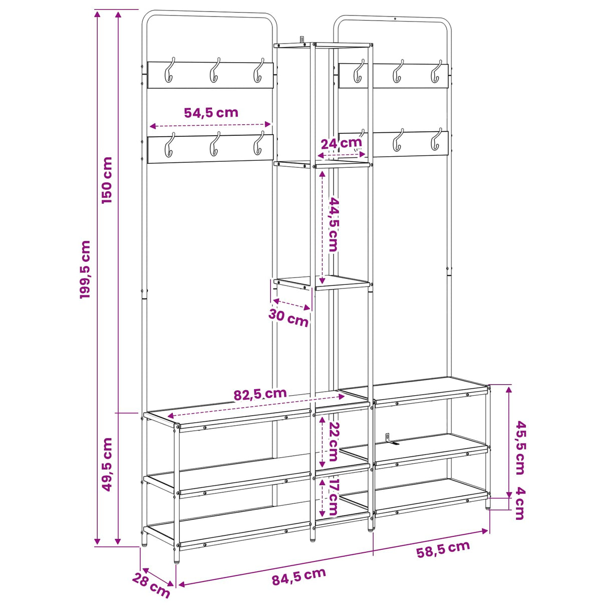 vidaXL Kapstok met schoenenbank Zwart eiken 143 x 30 x 199,5 cm