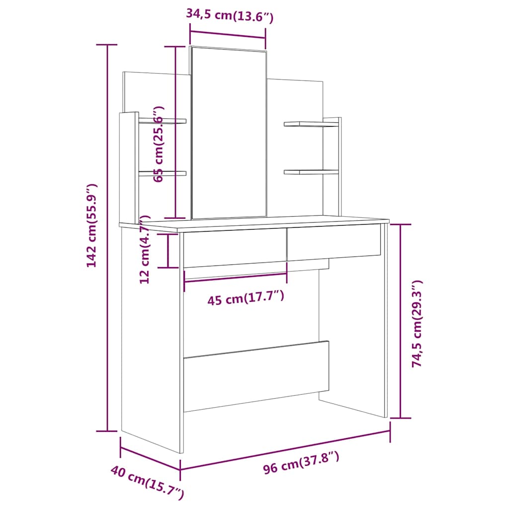 vidaXL Kaptafel met spiegel 96x40x142 cm wit