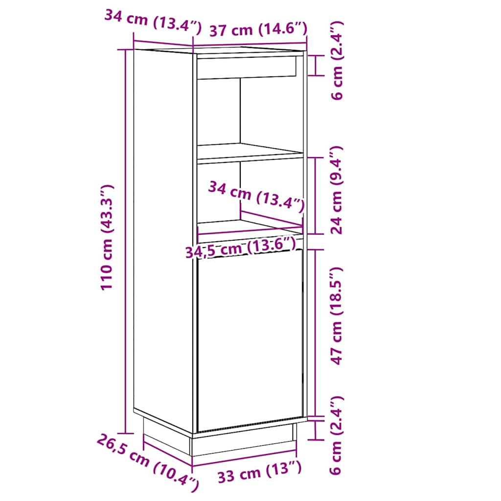 vidaXL Hoge kast 37x34x110 cm massief grenenhout