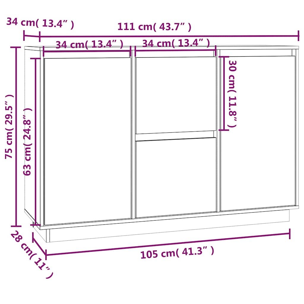 vidaXL Dressoir 111x34x75 cm massief grenenhout grijs