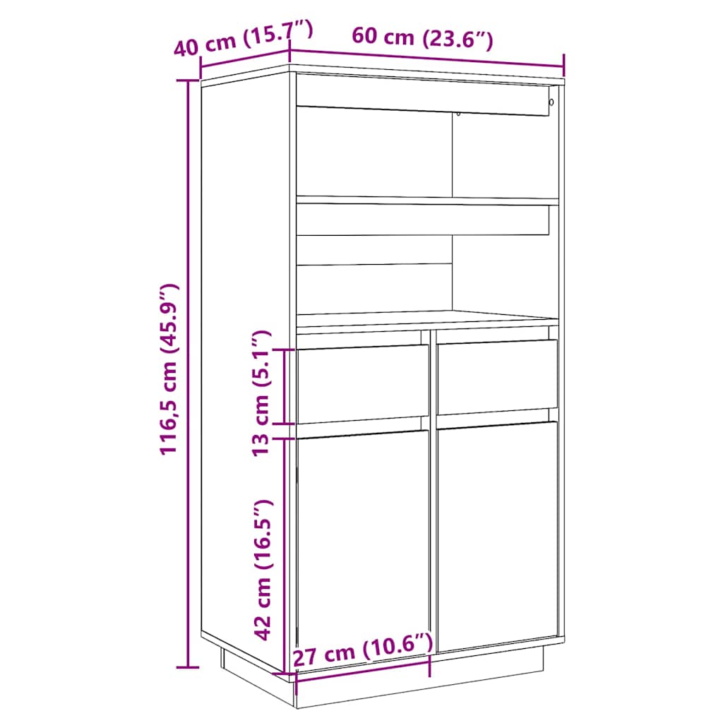 vidaXL Hoge kast 60x40x116,5 cm massief grenenhout grijs