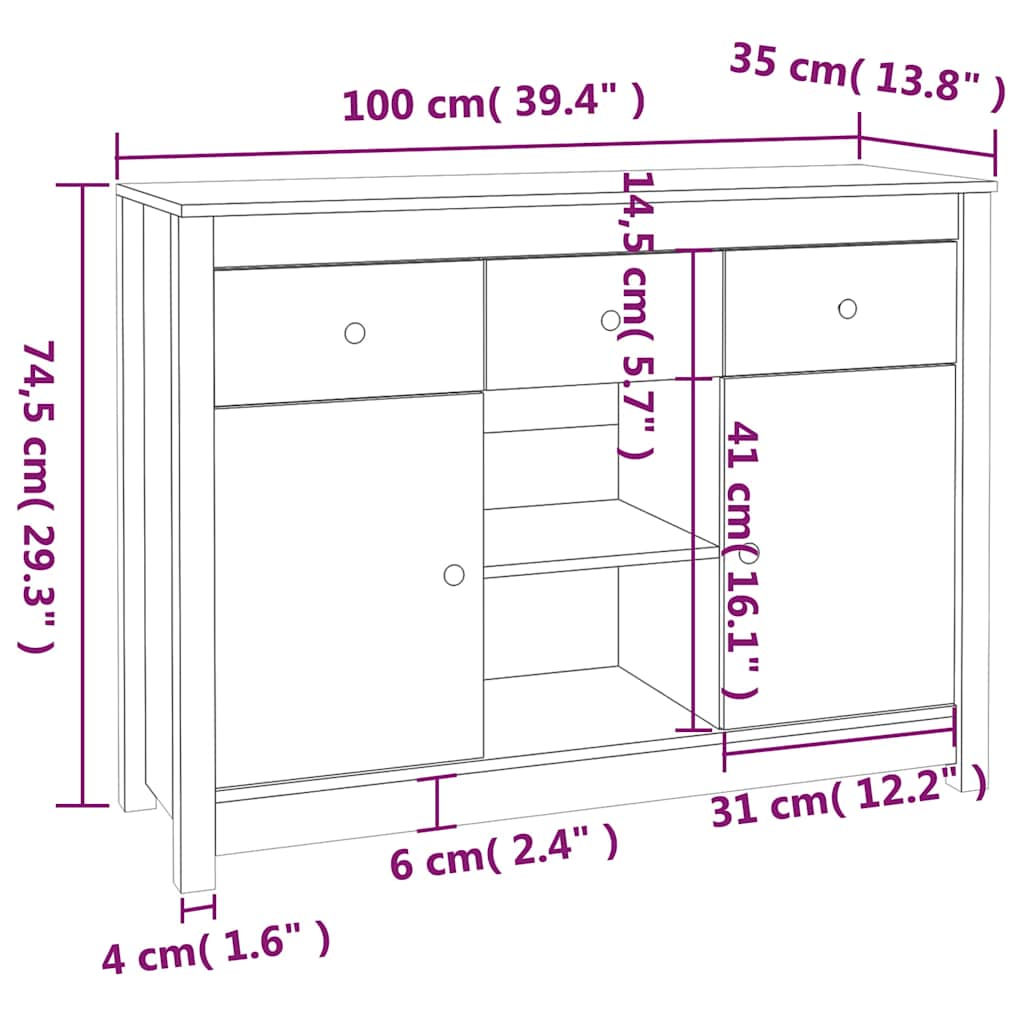 vidaXL Dressoir 100x35x74,5 cm massief grenenhout wit