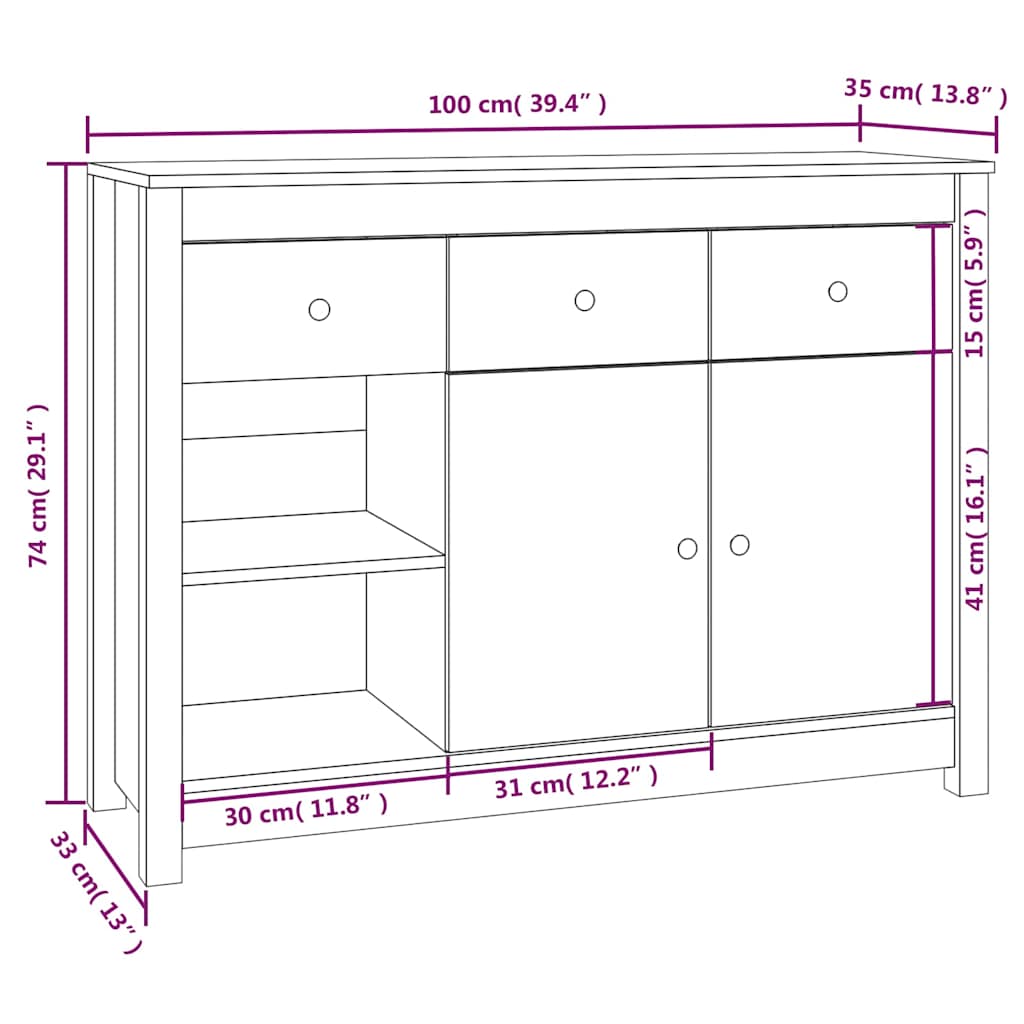 vidaXL Dressoir 100x35x74 cm massief grenenhout