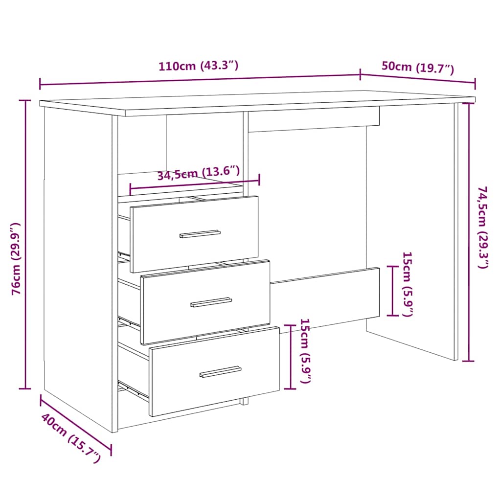vidaXL Bureau met lades 110x50x76 cm spaanplaat wit