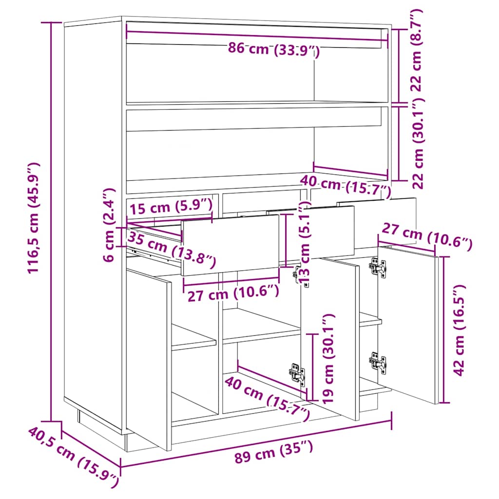 vidaXL Highboard 89x40x116.5 cm solid pine wood