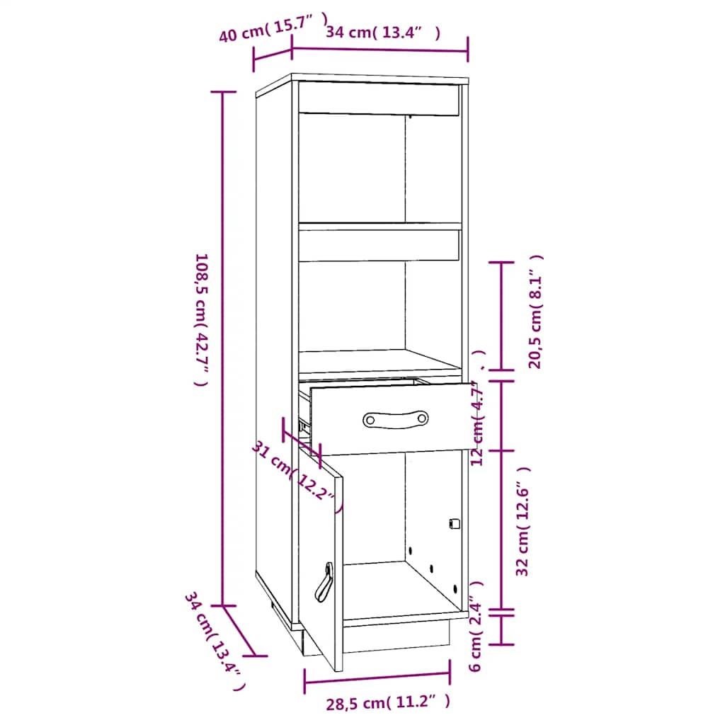 vidaXL Hoge kast 34x40x108,5 cm massief grenenhout