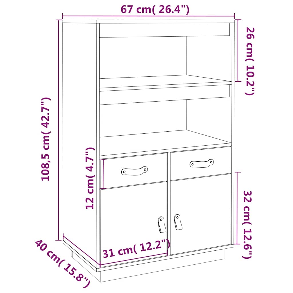 vidaXL Hoge kast 67x40x108,5 cm massief grenenhout