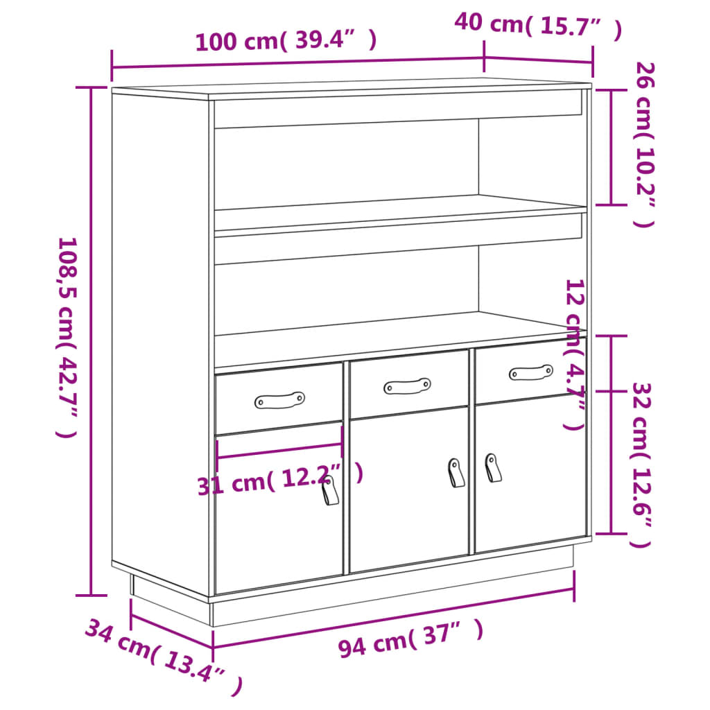 vidaXL Hoge kast 100x40x108,5 cm massief grenenhout