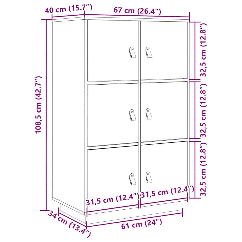 vidaXL Hoge kast 67x40x108,5 cm massief grenenhout