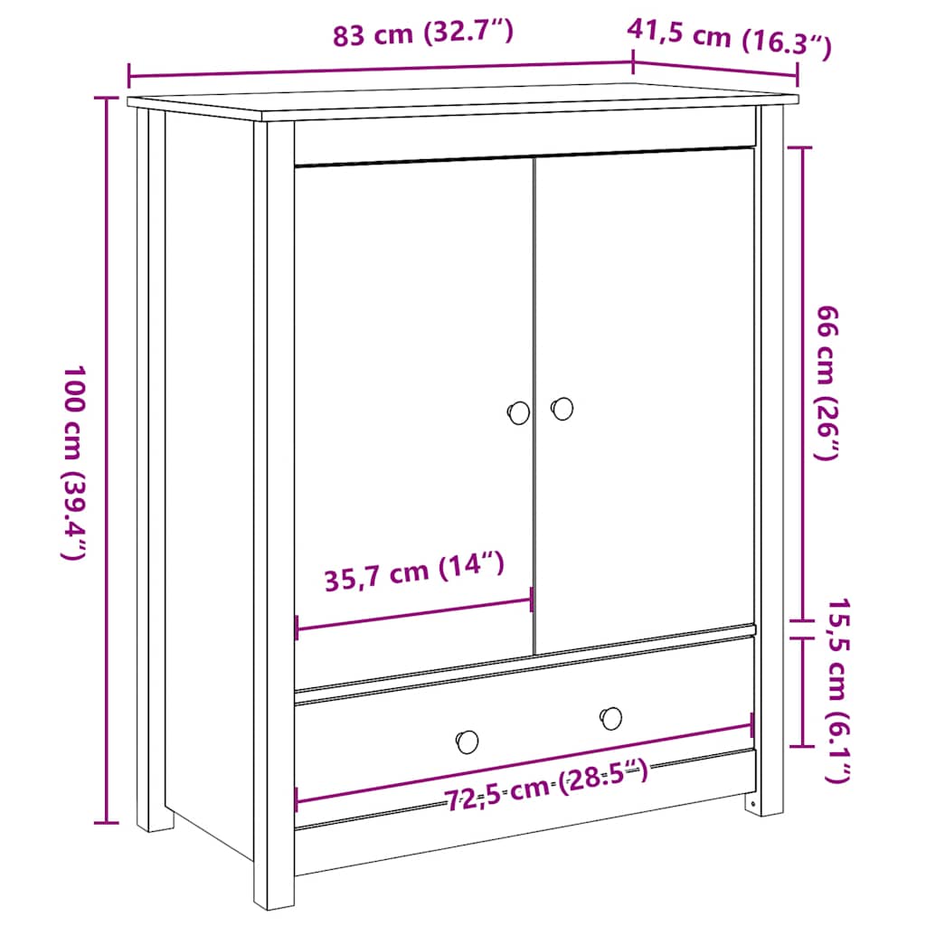vidaXL Hoge kast 83x41,5x100 cm massief grenenhout