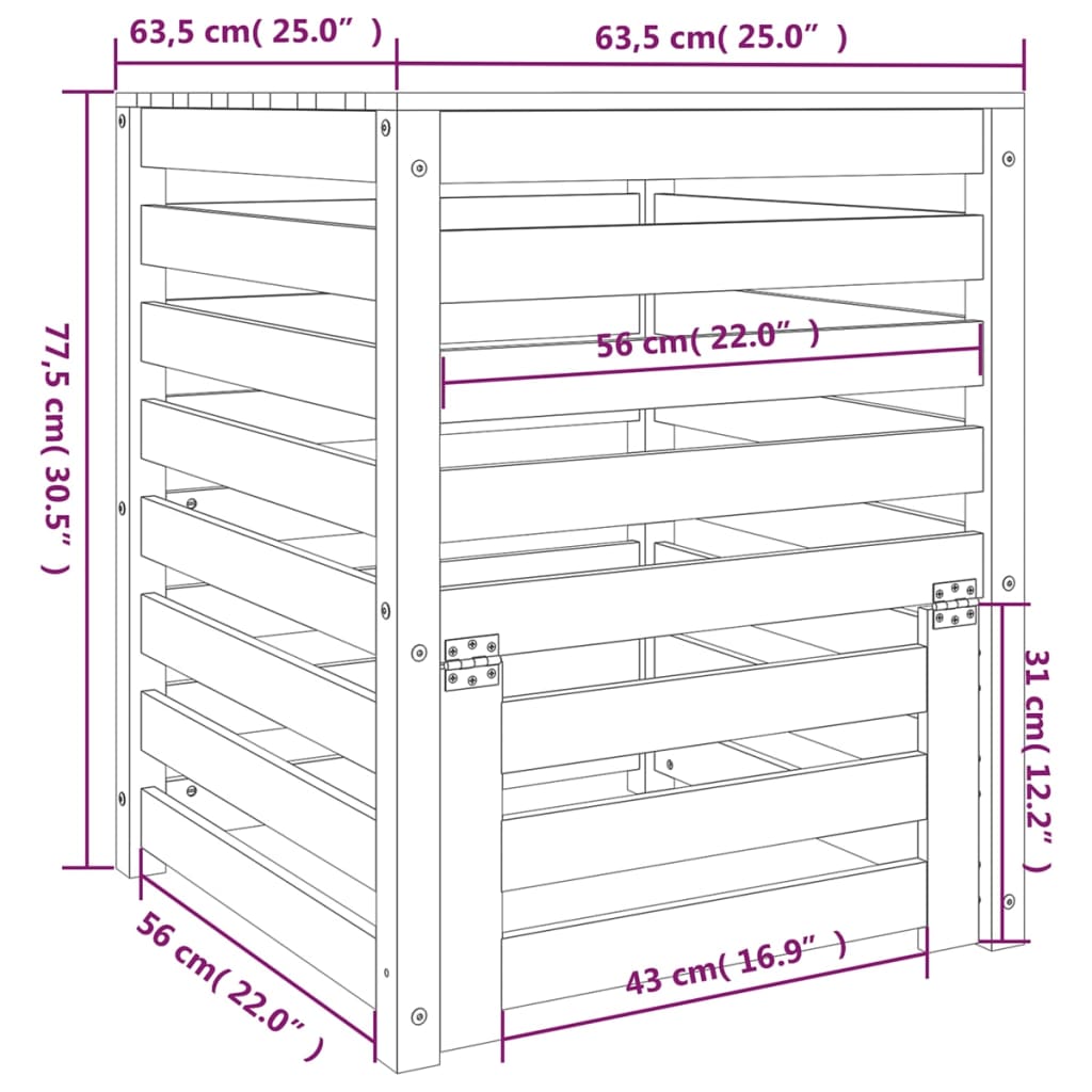 vidaXL Compostbak 63,5x63,5x77,5 cm massief grenenhout
