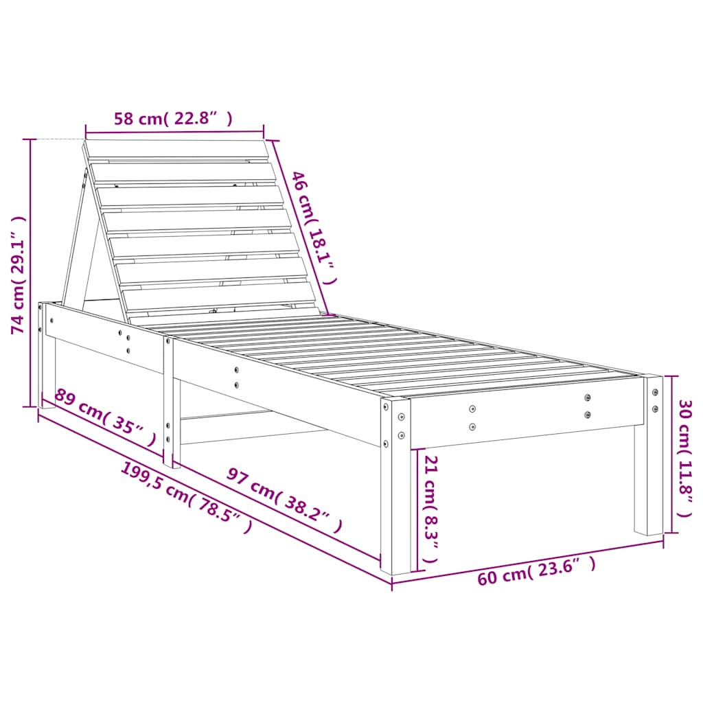 vidaXL Ligstoel 199,5x60x74 cm massief grenenhout