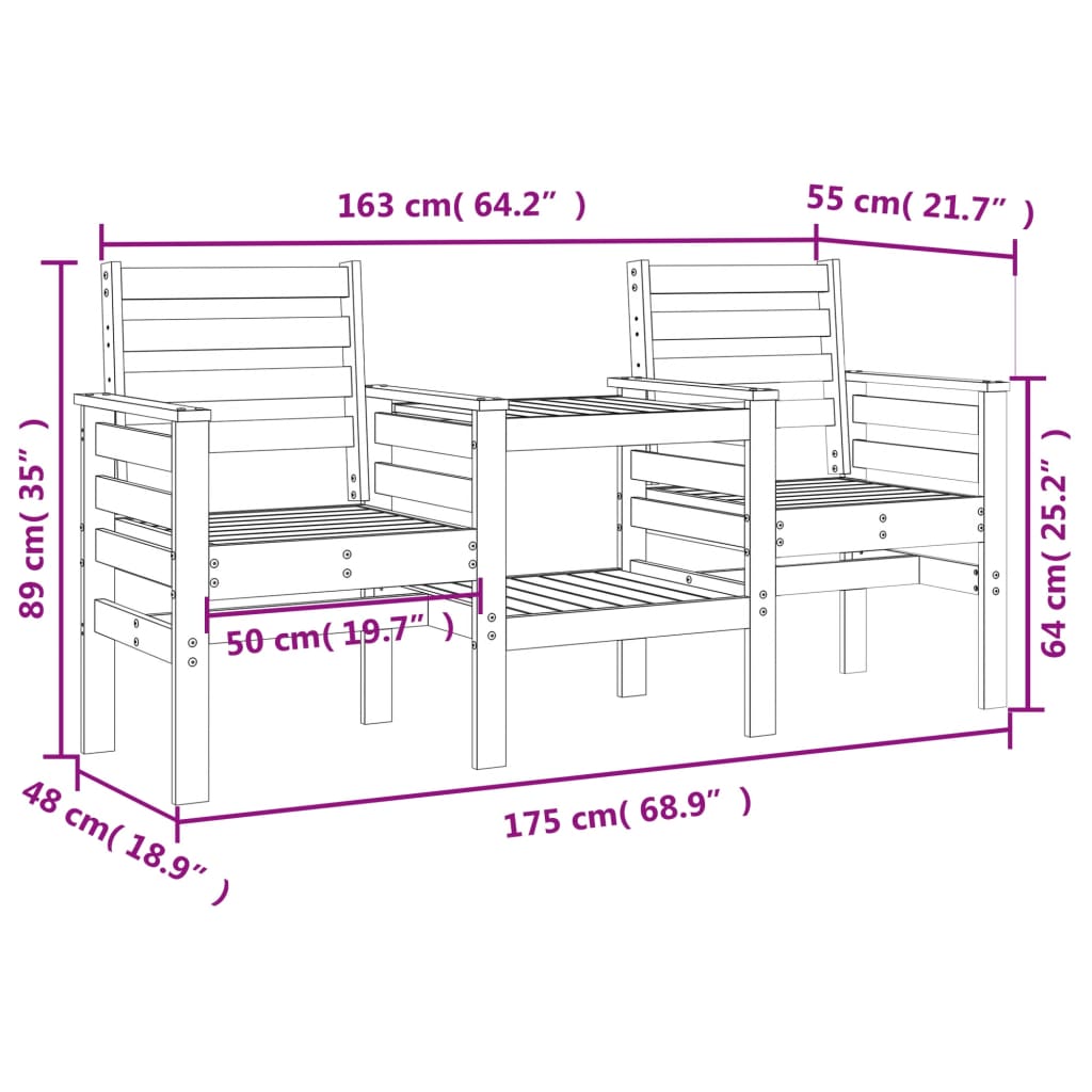 vidaXL Tuinbank met tafel 2-zits massief grenenhout
