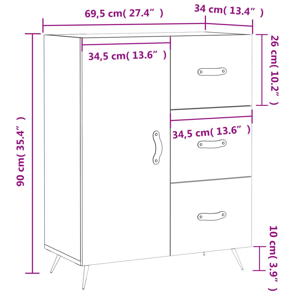 vidaXL Dressoir 69,5x34x90 cm bewerkt hout wit