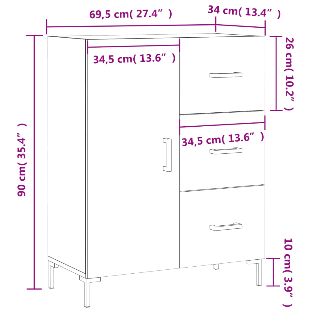 vidaXL Dressoir 69,5x34x90 cm bewerkt hout hoogglans wit