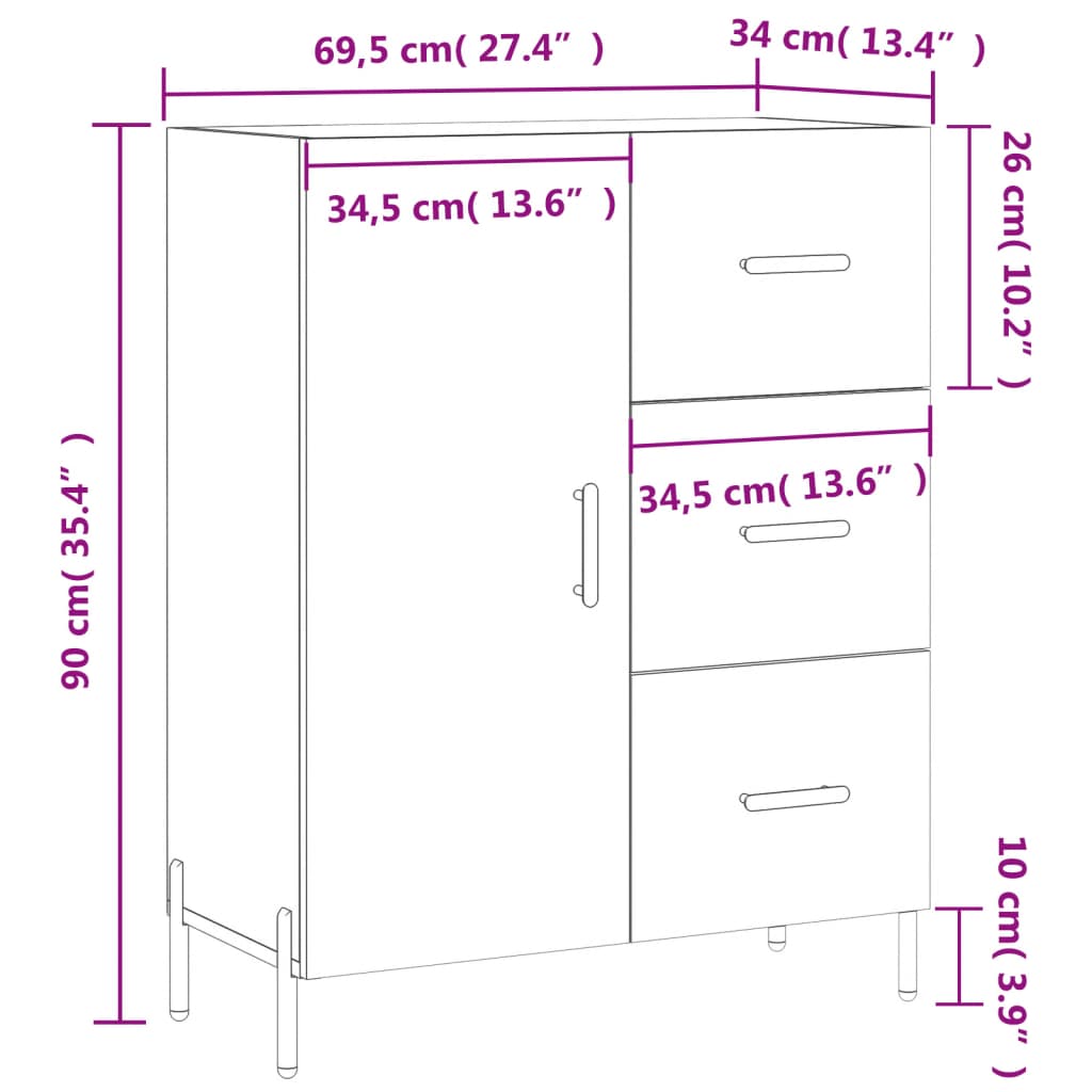 vidaXL Dressoir 69,5x34x90 cm bewerkt hout wit