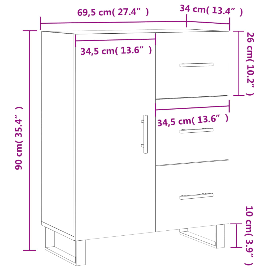 vidaXL Dressoir 69,5x34x90 cm bewerkt hout wit