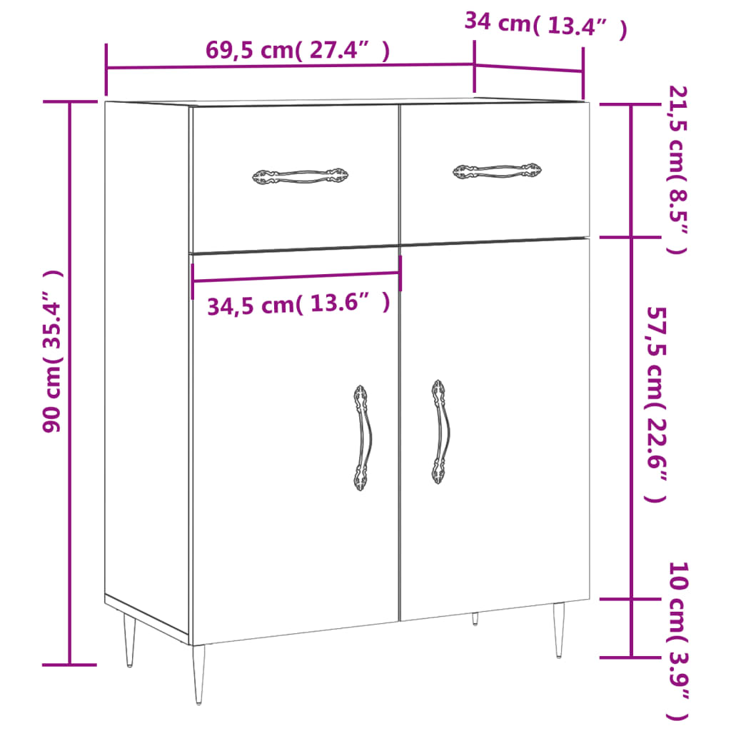 vidaXL Dressoir 69,5x34x90 cm bewerkt hout hoogglans wit