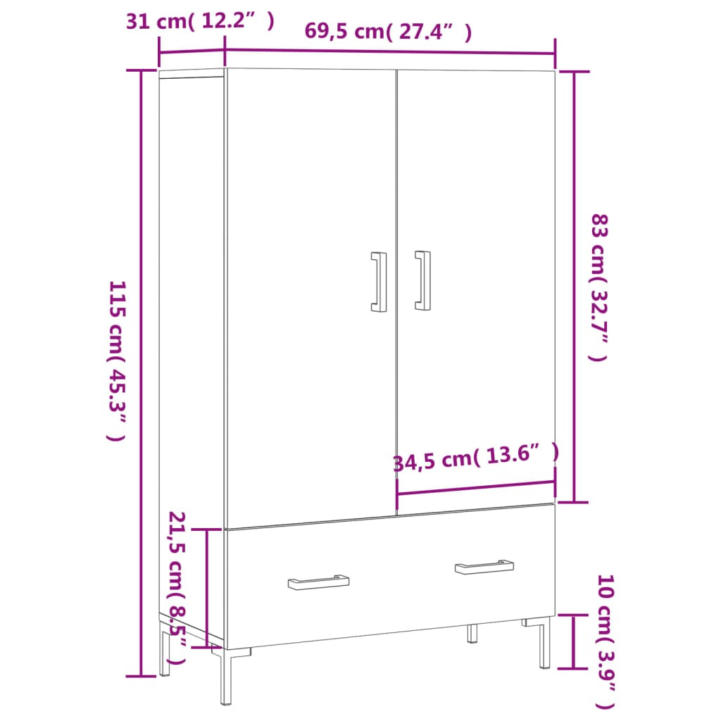 vidaXL Hoge kast 69,5x31x115 cm bewerkt hout wit