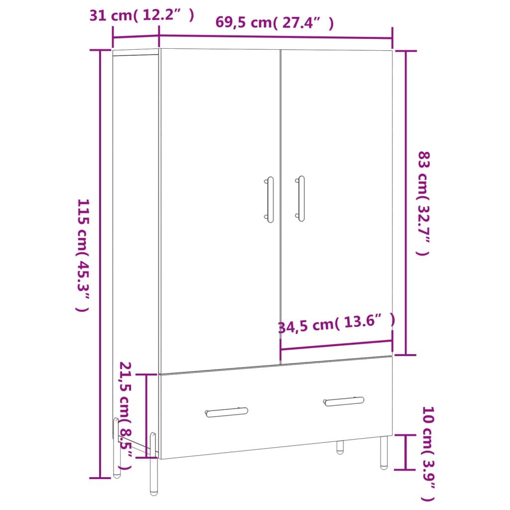 vidaXL Hoge kast 69,5x31x115 cm bewerkt hout wit