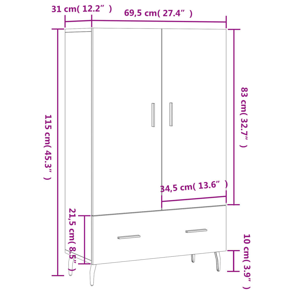 vidaXL Hoge kast 69,5x31x115 cm bewerkt hout betongrijs