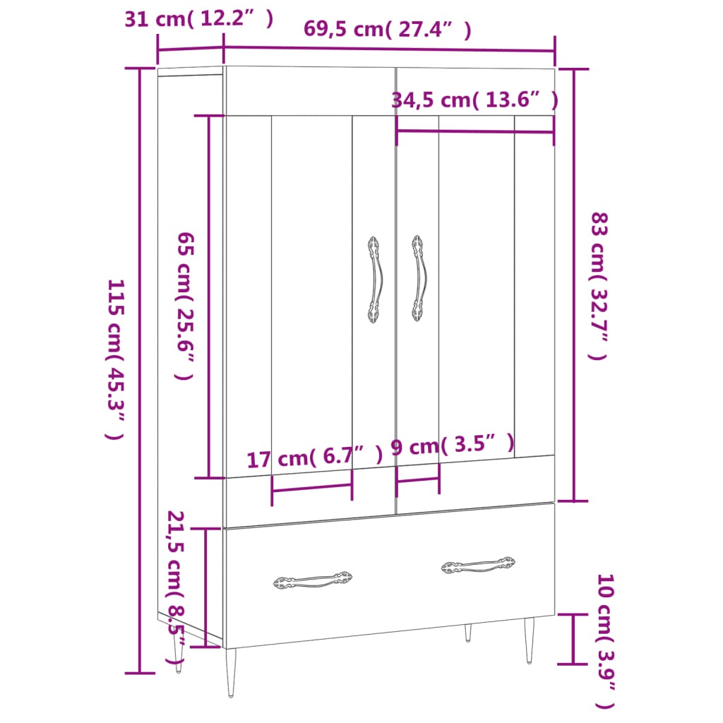 vidaXL Hoge kast 69,5x31x115 cm bewerkt hout wit