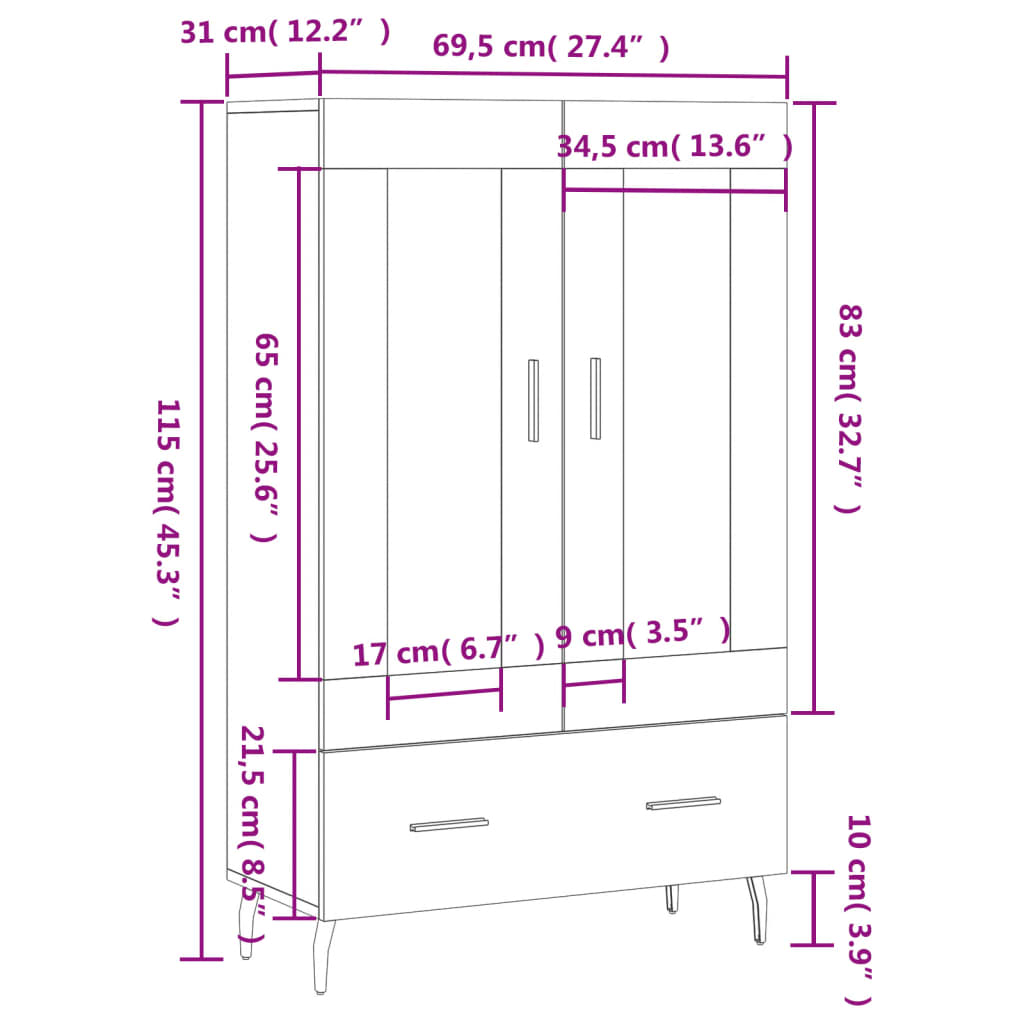 vidaXL Hoge kast 69,5x31x115 cm bewerkt hout wit
