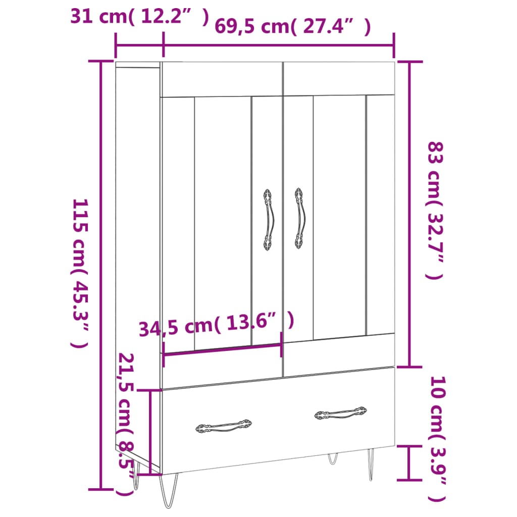 vidaXL Hoge kast 69,5x31x115 cm bewerkt hout wit