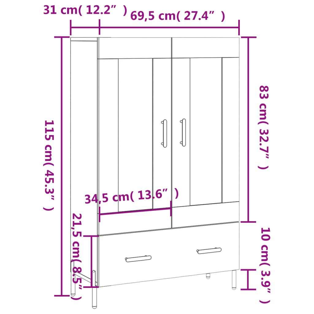 vidaXL Hoge kast 69,5x31x115 cm bewerkt hout wit