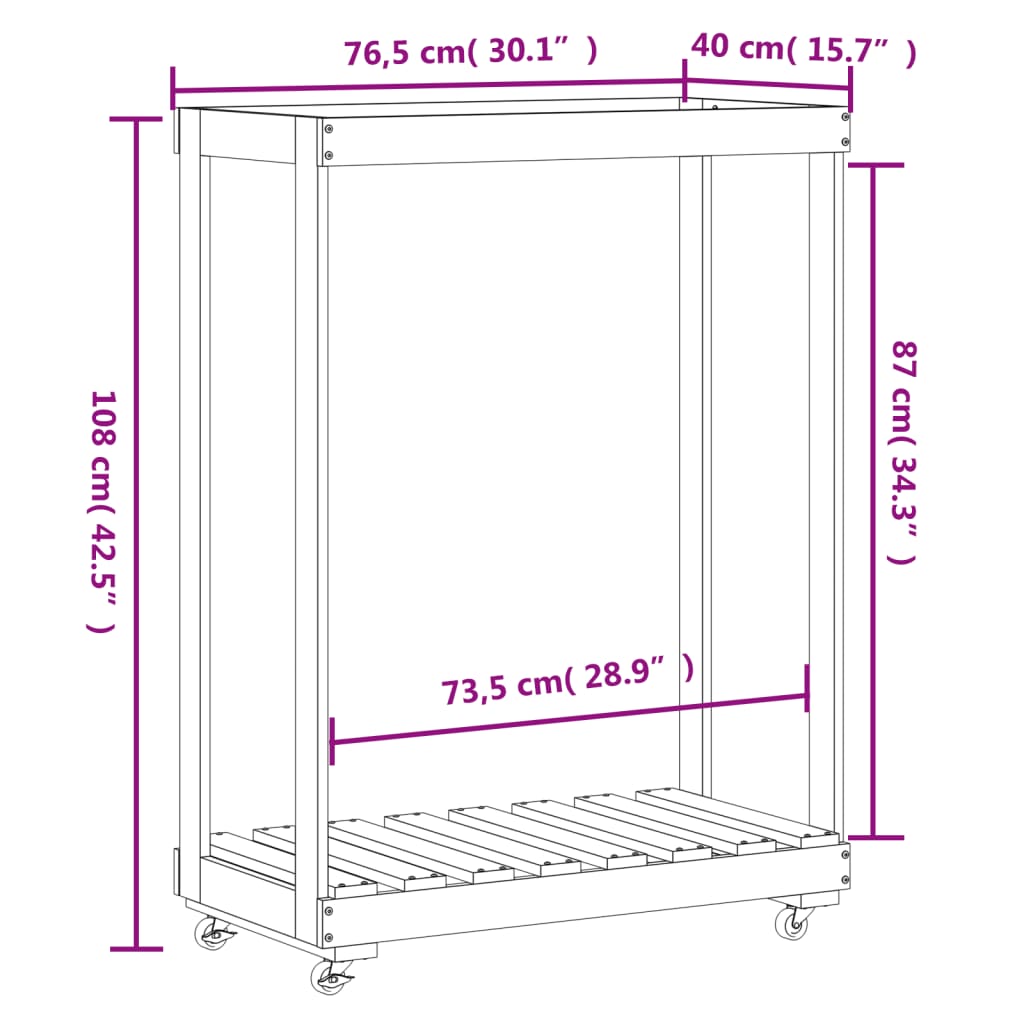 vidaXL Houtblokhouder met wielen 76,5x40x108 cm massief grenenhout