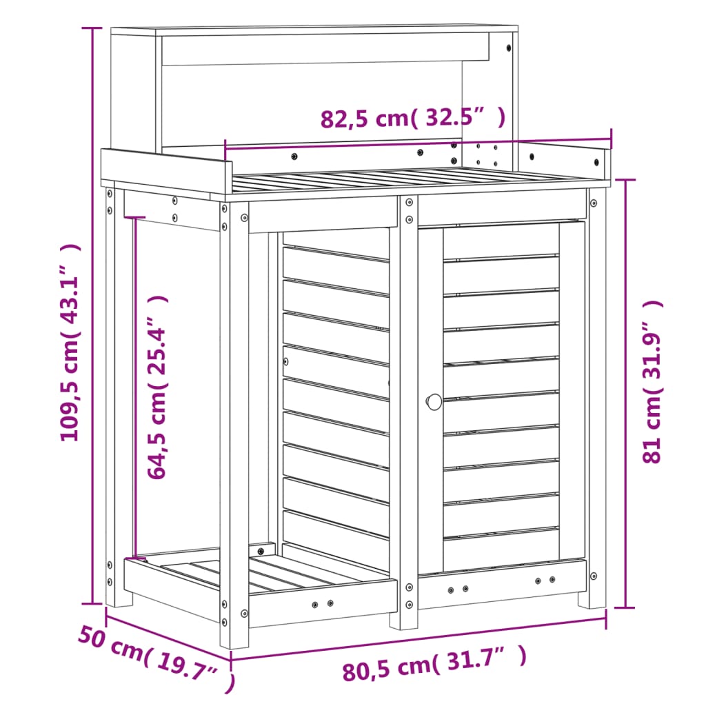 vidaXL Oppottafel met schappen 82,5x50x109,5 cm massief grenenhout