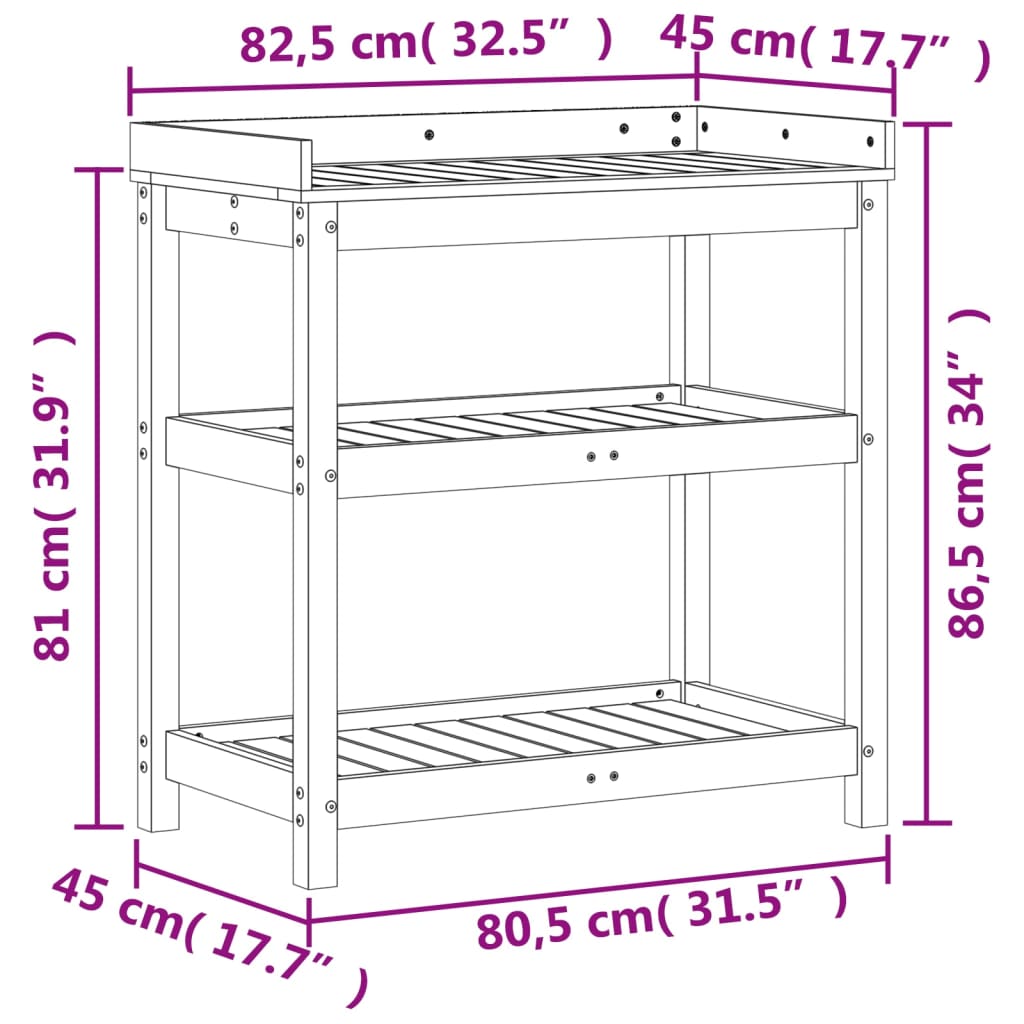 vidaXL Oppottafel met schappen 82,5x45x86,5 cm massief grenenhout