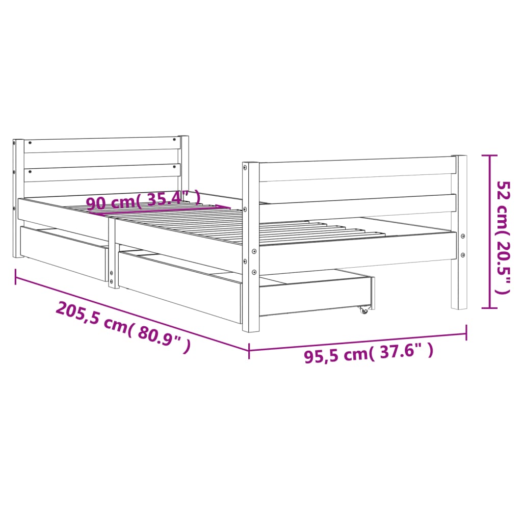 vidaXL Kids Bed Frame with Drawers 80x200 cm Solid Pine Wood