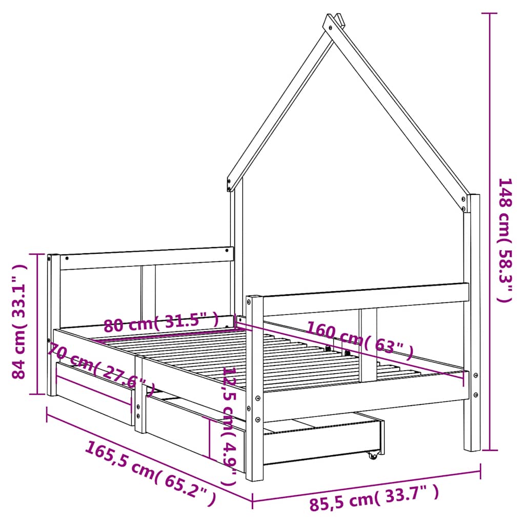 vidaXL Kinderbedframe met lades 70x140 cm massief grenenhout