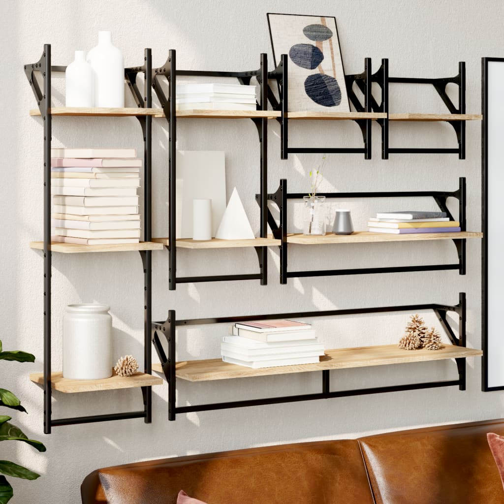 vidaXL 6-delige Wandschappenset met stangen bewerkt hout zwart