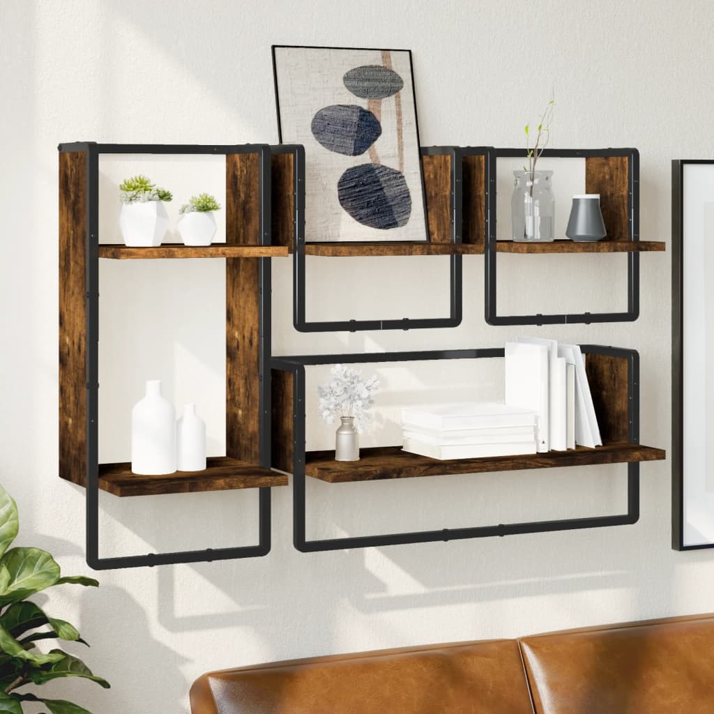 vidaXL 4-delige Wandschappenset met stangen bewerkt hout zwart