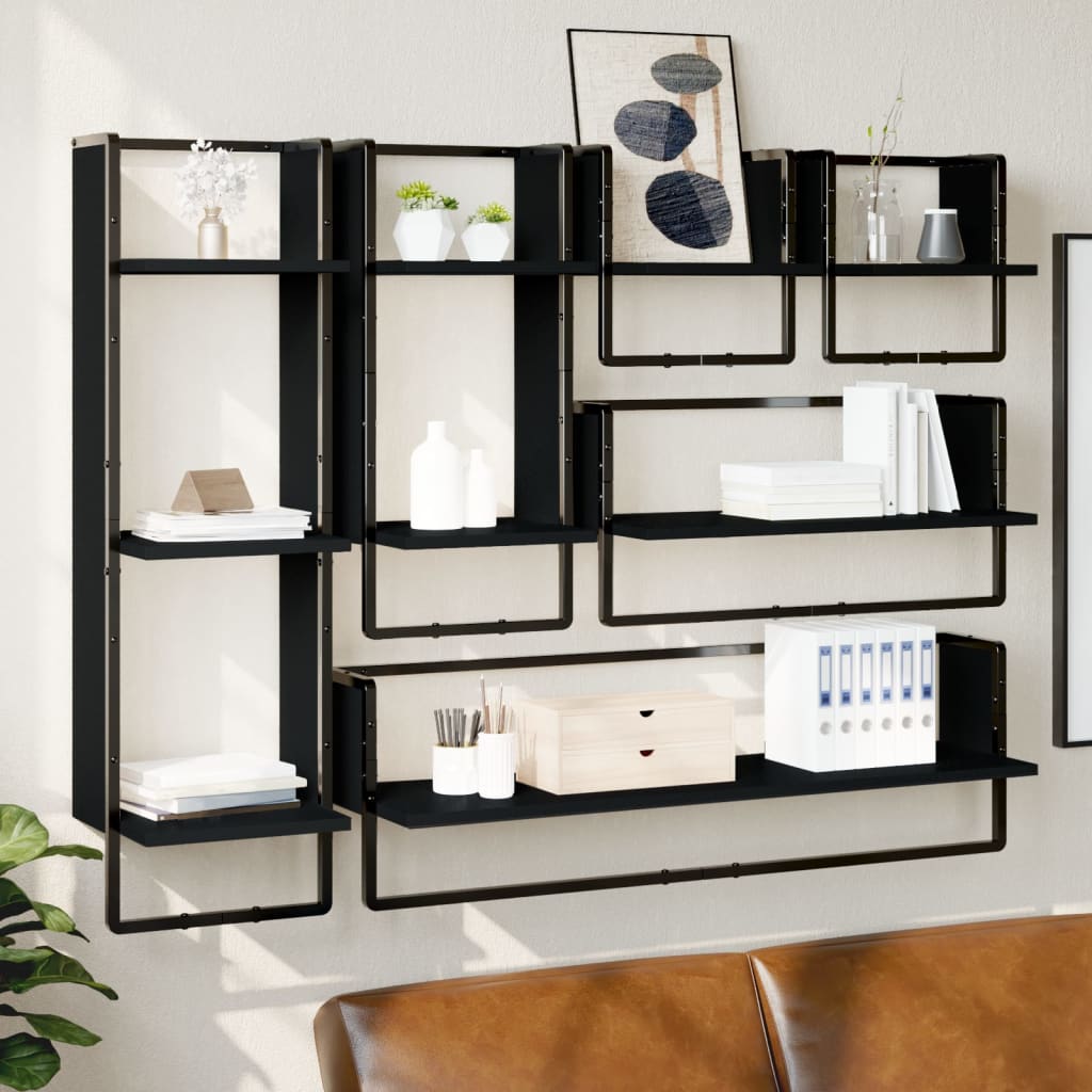 vidaXL 6-delige Wandschappenset met stangen bewerkt hout zwart
