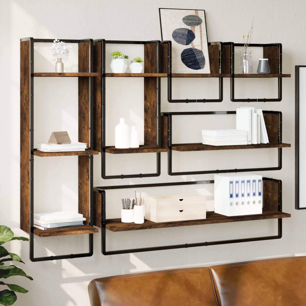 vidaXL 6-delige Wandschappenset met stangen bewerkt hout zwart